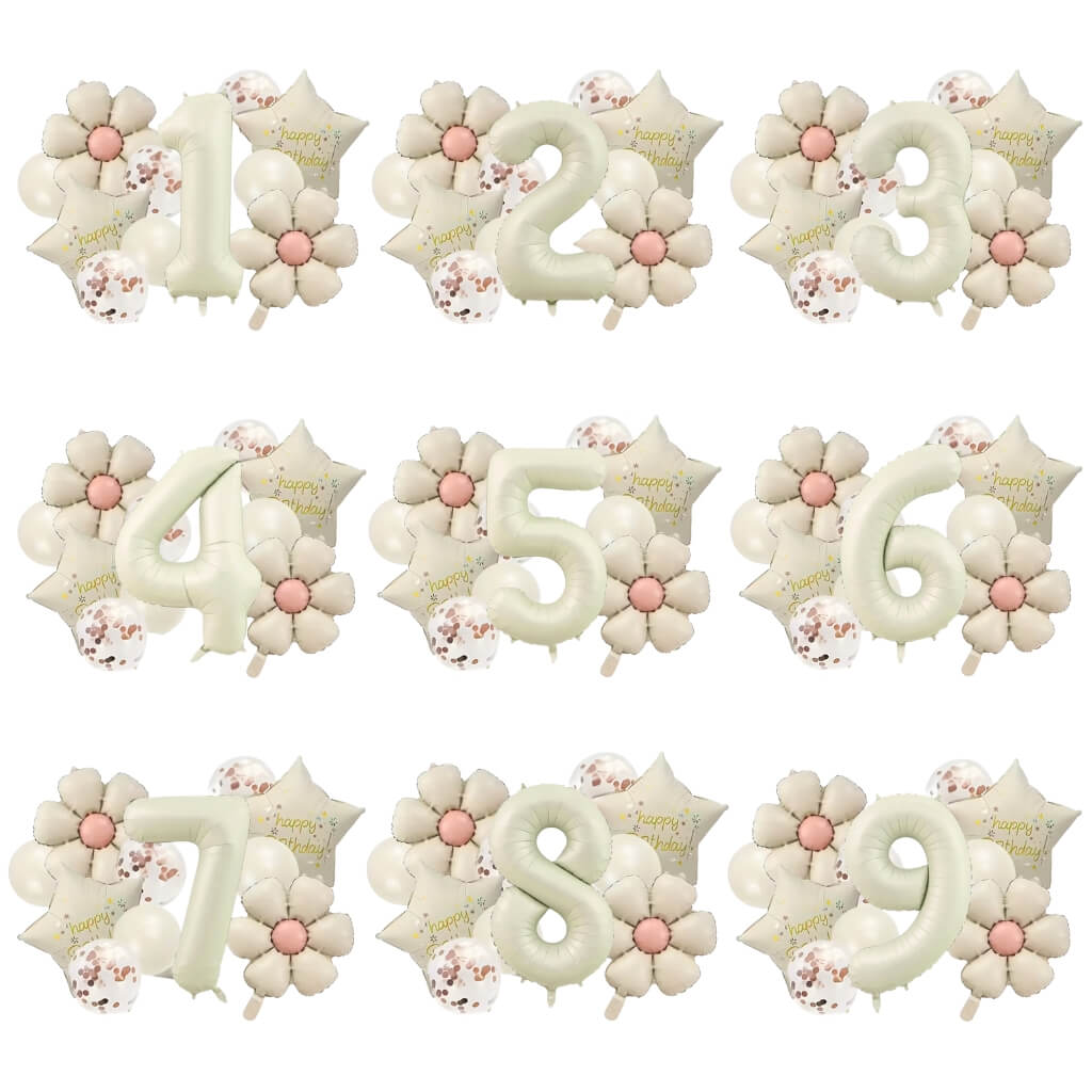 Matte Cream Happy Birthday Balloon Bundle with 40" number foil balloons from 1 to 9