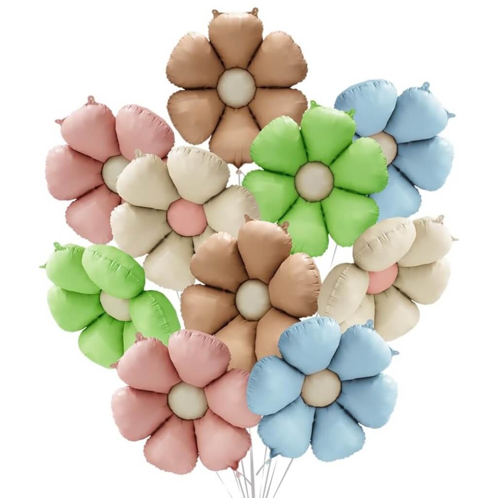Matte Retro multicoloured Daisy Flower Foil Balloons for floral garden party decor