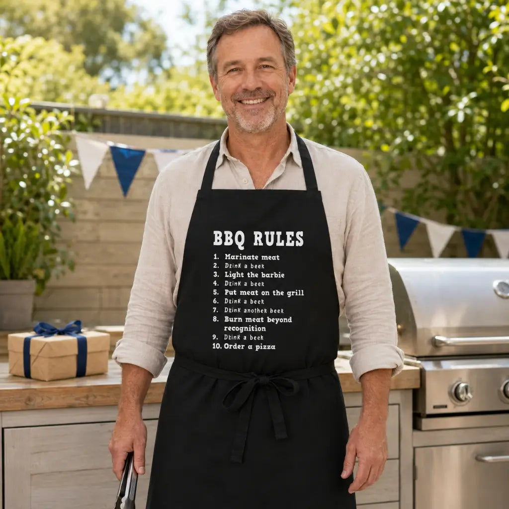 Black BBQ Rules novelty grill apron with humorous beer checklist
