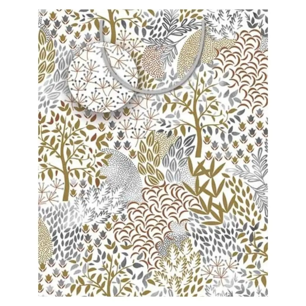 Medium botanical gift bag featuring an elegant neutral leaf pattern with ribbon handles and matching gift tag