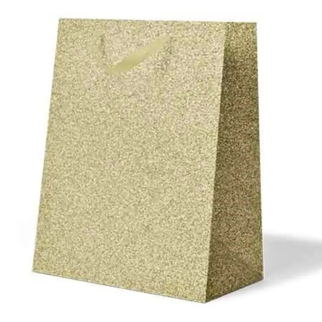 Medium glitter gold gift bag with sparkling finish and matching ribbon handles for birthdays, Christmas, weddings and special occasion gifts