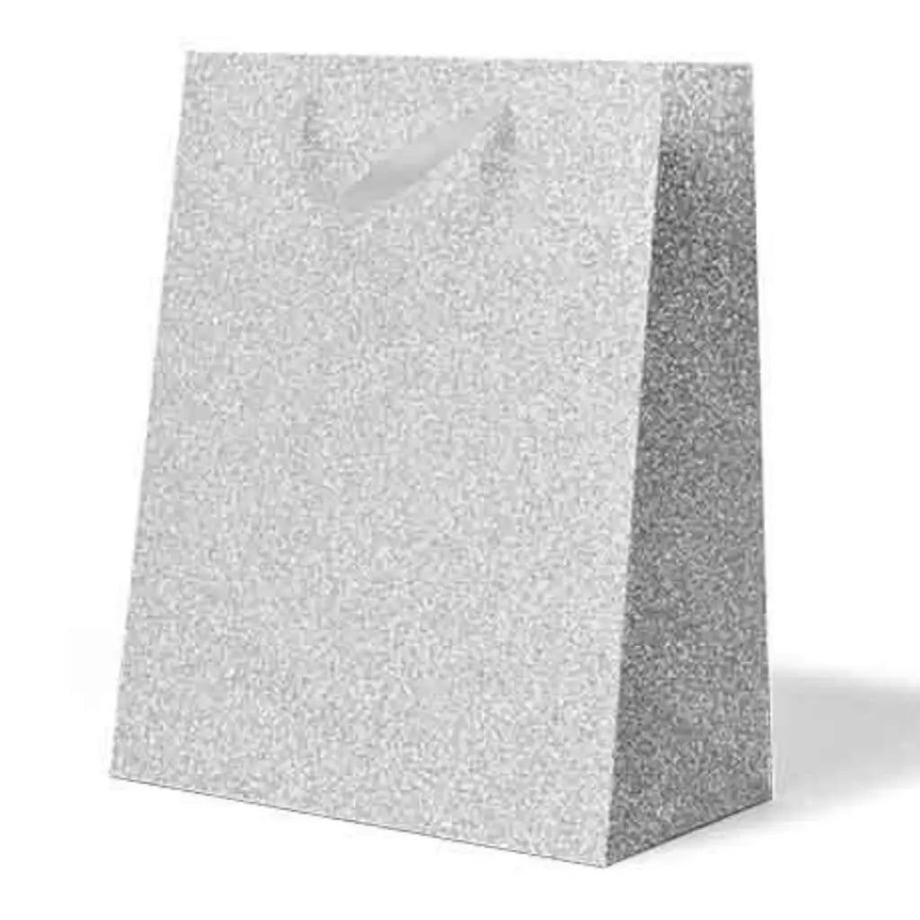 Medium glitter silver gift bag with sparkling finish and ribbon handles for birthdays, Christmas and special occasion gifts