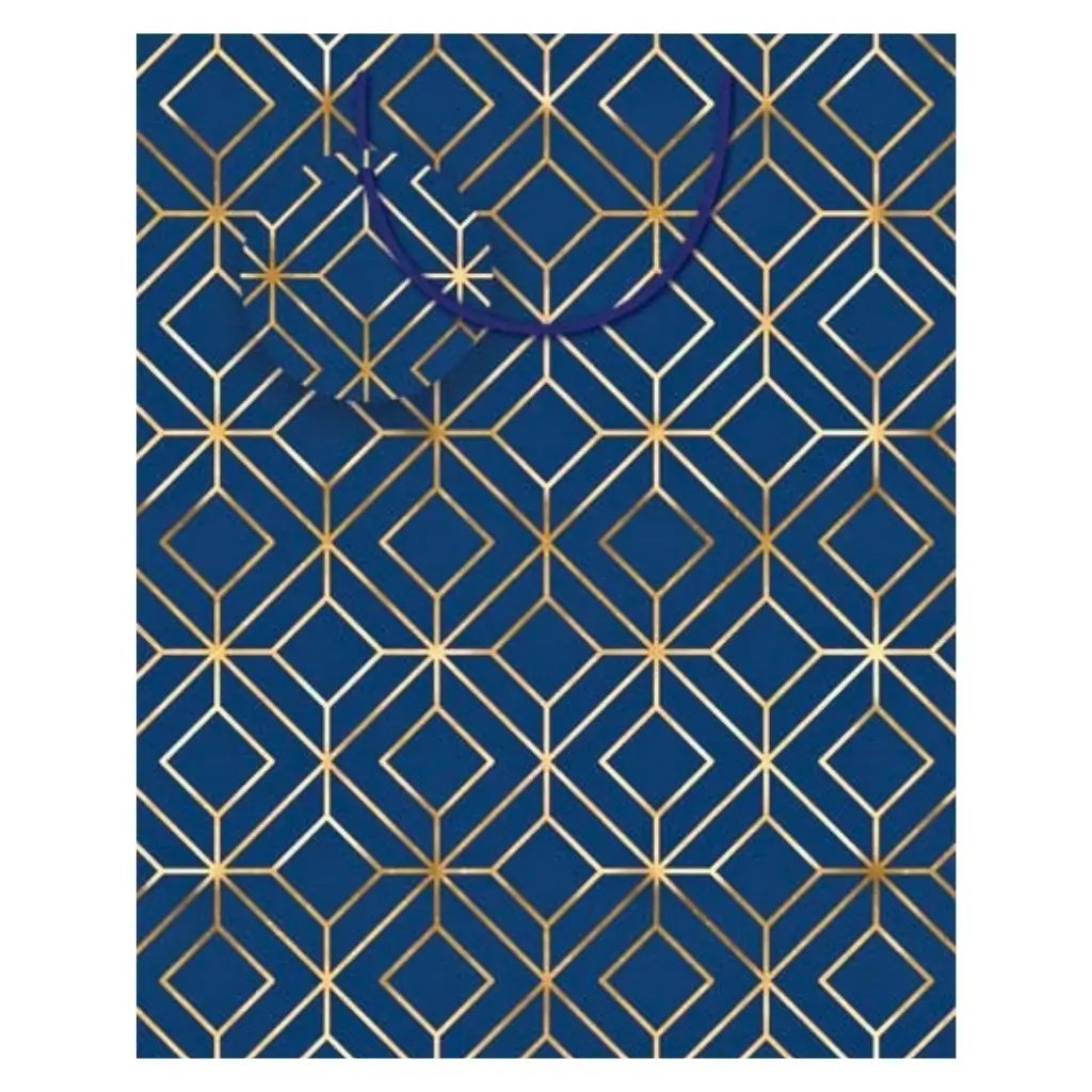 medium navy blue gift bag with gold geometric foil pattern, ribbon handles and matching gift tag