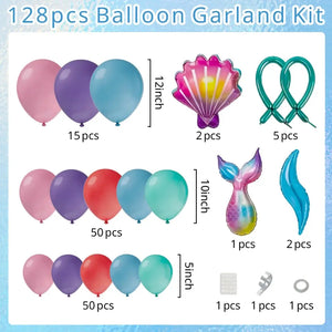 Mermaid Balloon Garland Kit with 128 balloons and decorating accessories.
