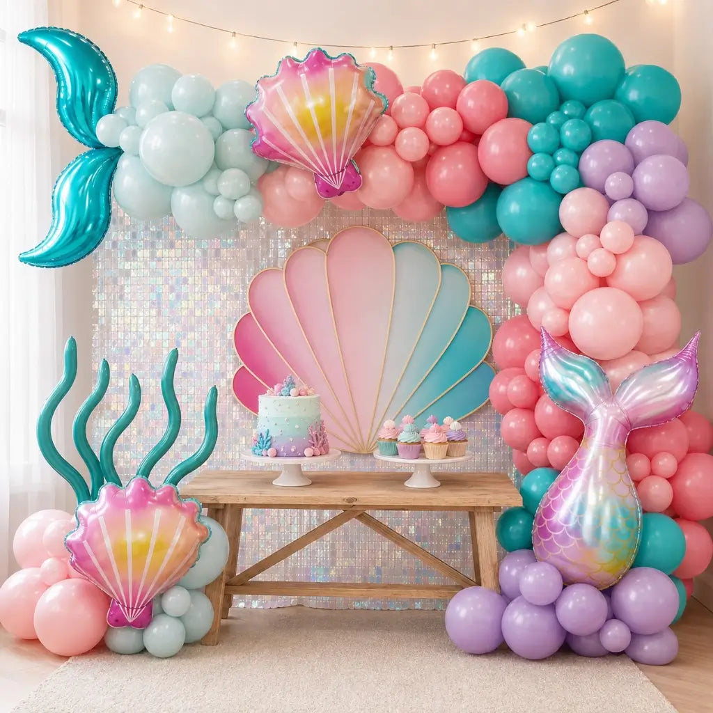 DIY mermaid balloon arch kit with pastel latex and foil balloons.
