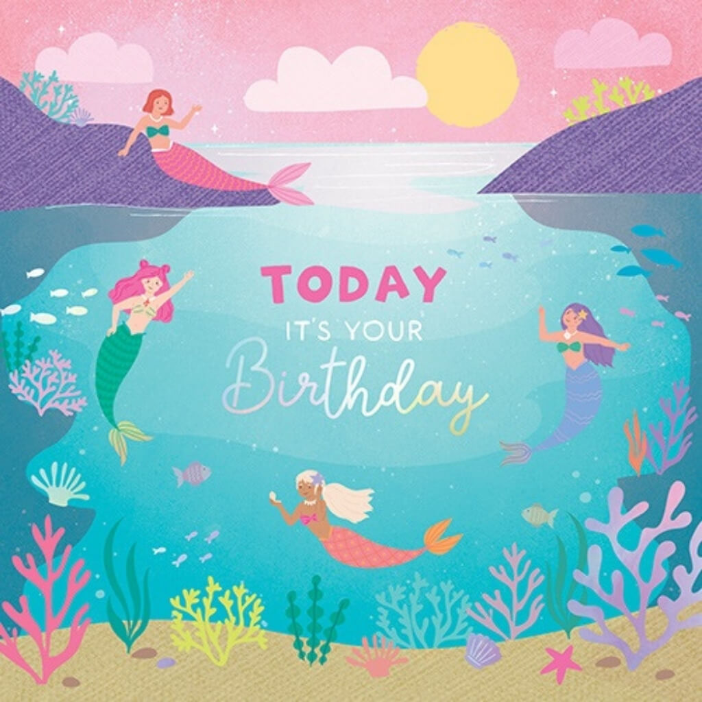 Mermaid birthday card for girls with colourful underwater scene