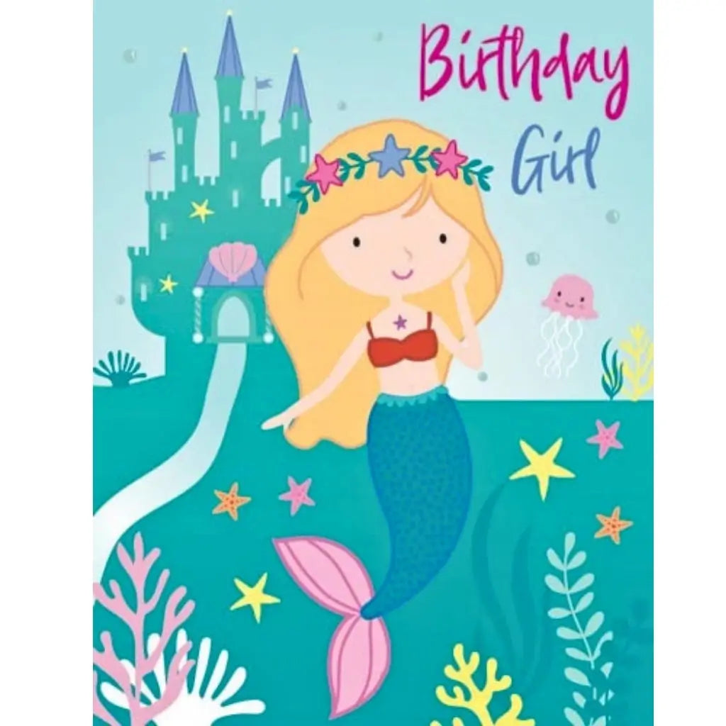 Mermaid Birthday Girl greeting card featuring a cute mermaid with an underwater castle and ocean scene