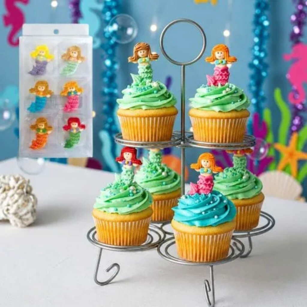 Pack of 6 mermaid sugar cake decorations for under the sea birthday parties.