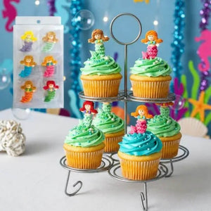 Pack of 6 mermaid sugar cake decorations for under the sea birthday parties.