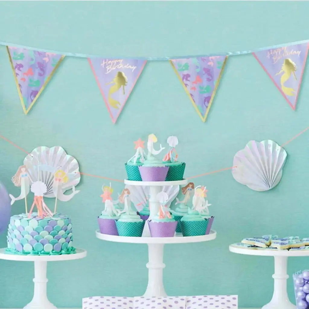 Mermaid Happy Birthday bunting garland with pastel flags and gold foil mermaid design