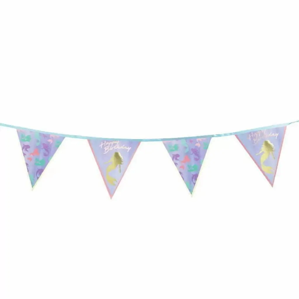 Mermaid Happy Birthday bunting garland with pastel flags and gold foil mermaid design