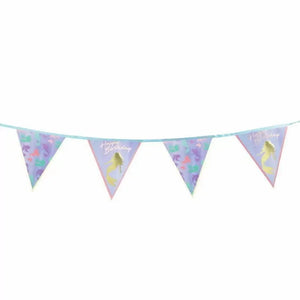 Mermaid Happy Birthday bunting garland with pastel flags and gold foil mermaid design