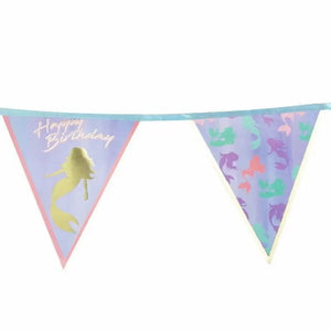 Mermaid Happy Birthday bunting garland with pastel flags and gold foil mermaid design