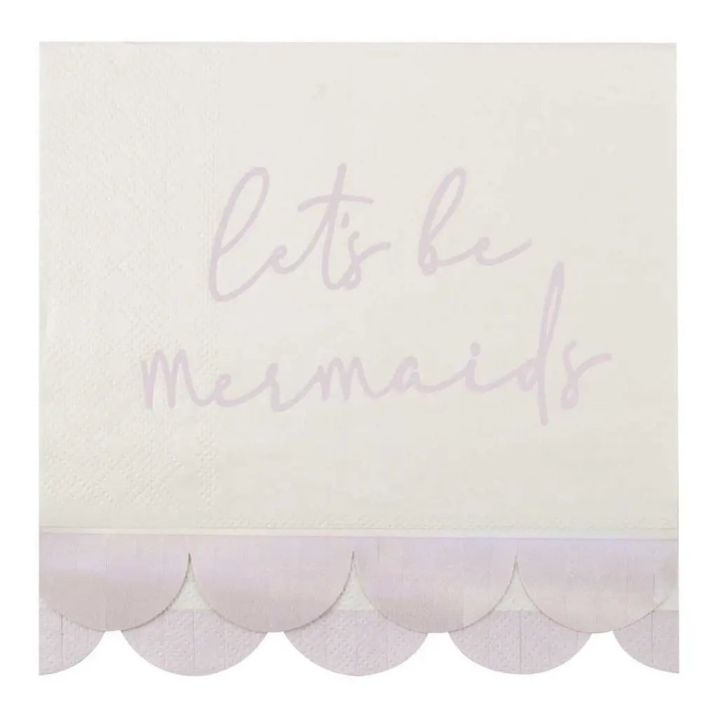 Iridescent and Pink Mermaid Napkins 'Lets be mermaids' with Scalloped Fringe 16pk