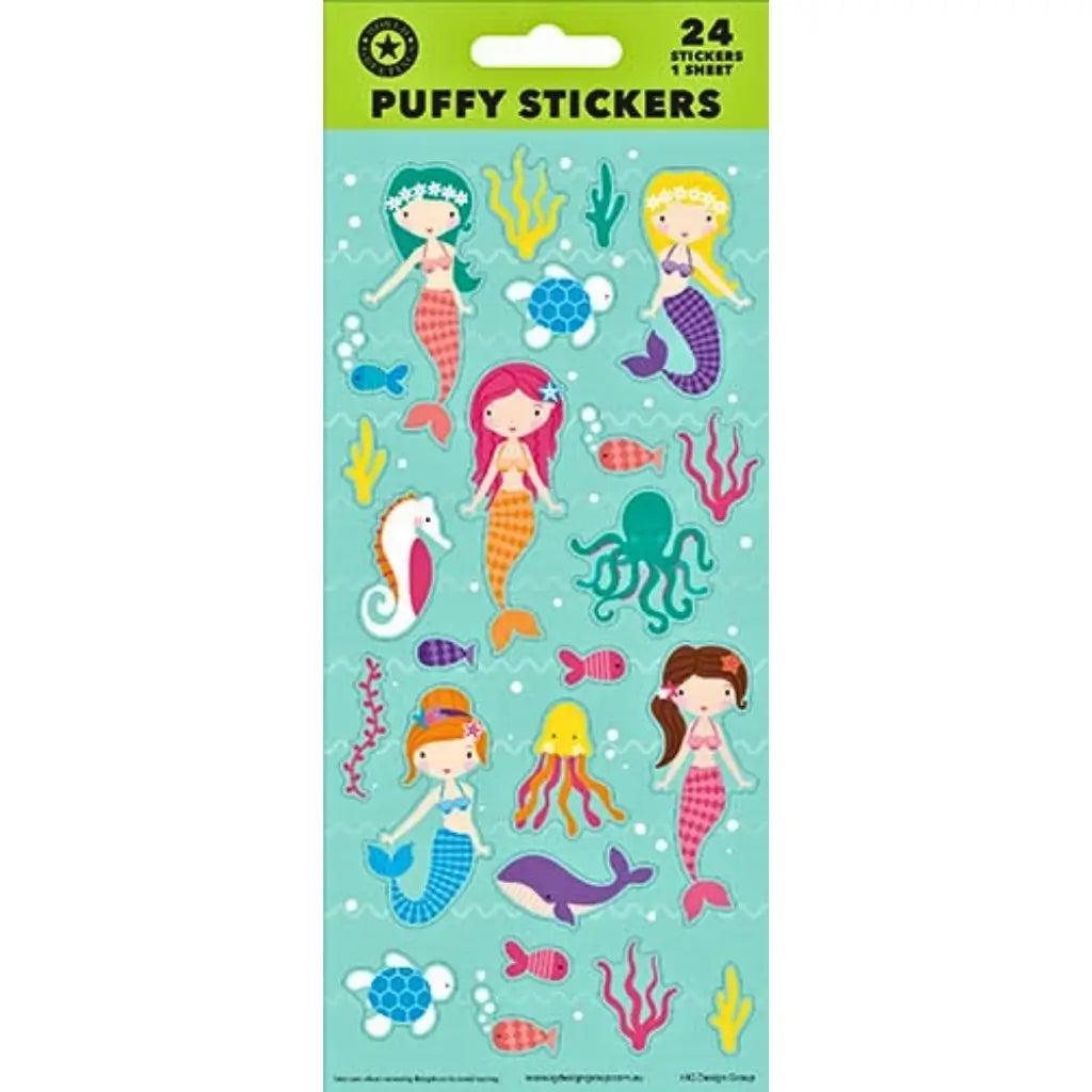 Mermaid puffy sticker sheet with 24 raised 3D mermaid and underwater themed stickers featuring turtles, whales, fish, octopus and seahorses