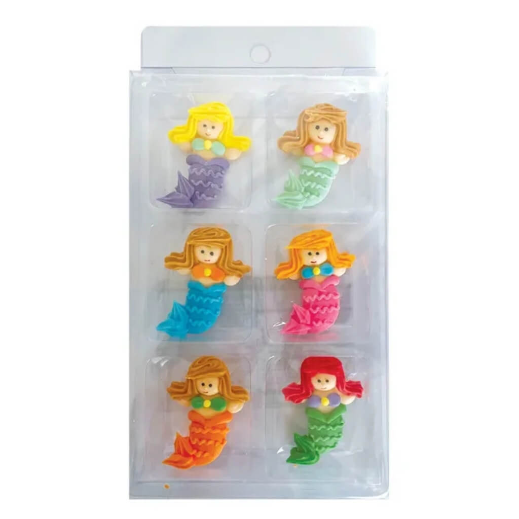 Mermaid edible sugar decorations with six colourful mermaid designs for cakes and cupcakes.