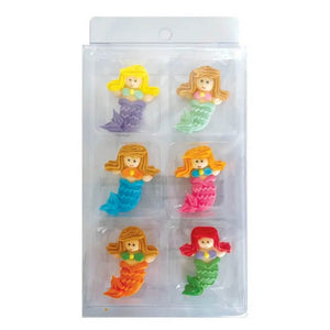 Mermaid edible sugar decorations with six colourful mermaid designs for cakes and cupcakes.