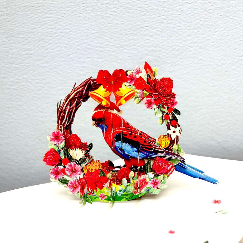 Australian Crimson Rosella in Native Flower Wreath 3d Pop up christmas greeting Card