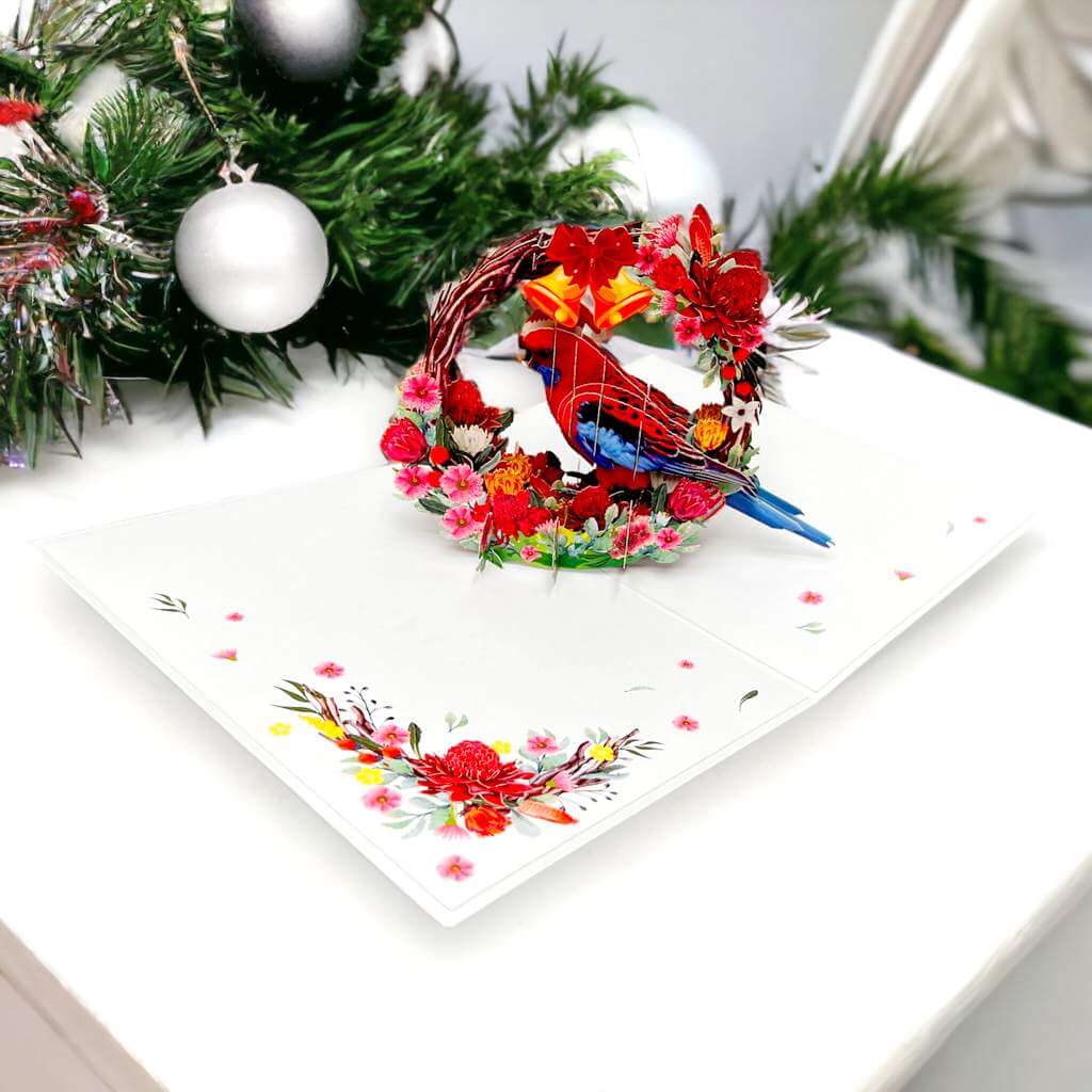 Australian Crimson Rosella in Native Flower Wreath 3d Pop up christmas greeting Card