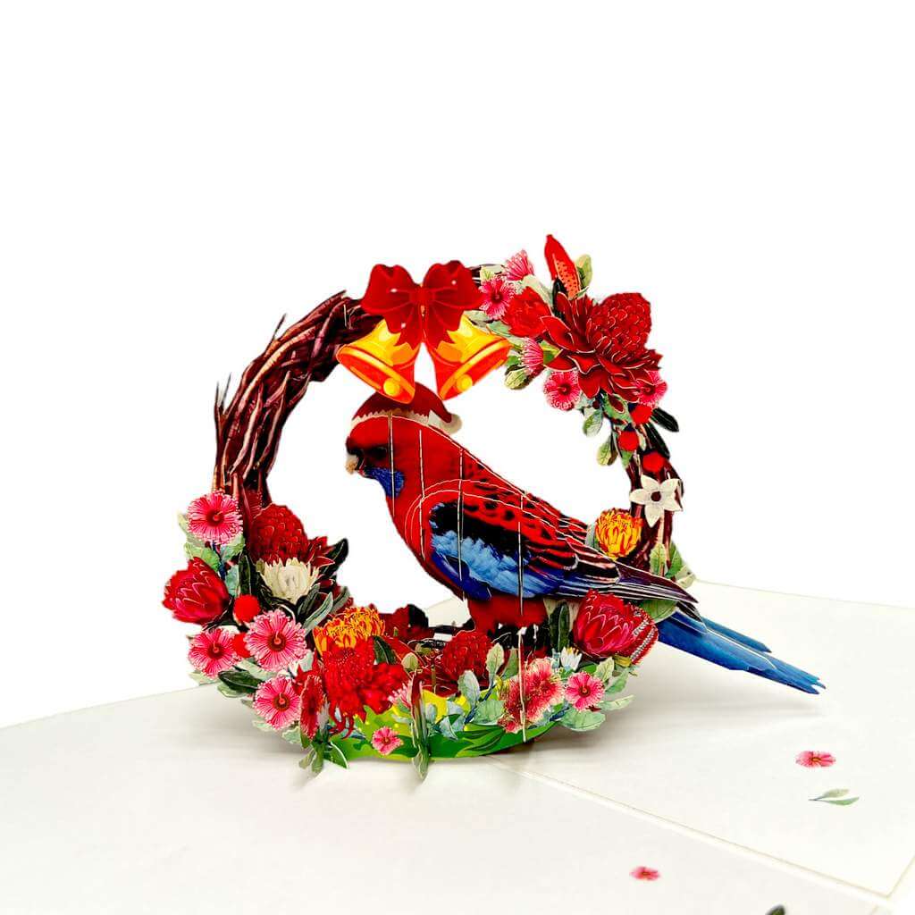 Australian Crimson Rosella in Native Flower Wreath 3d Pop up christmas greeting Card