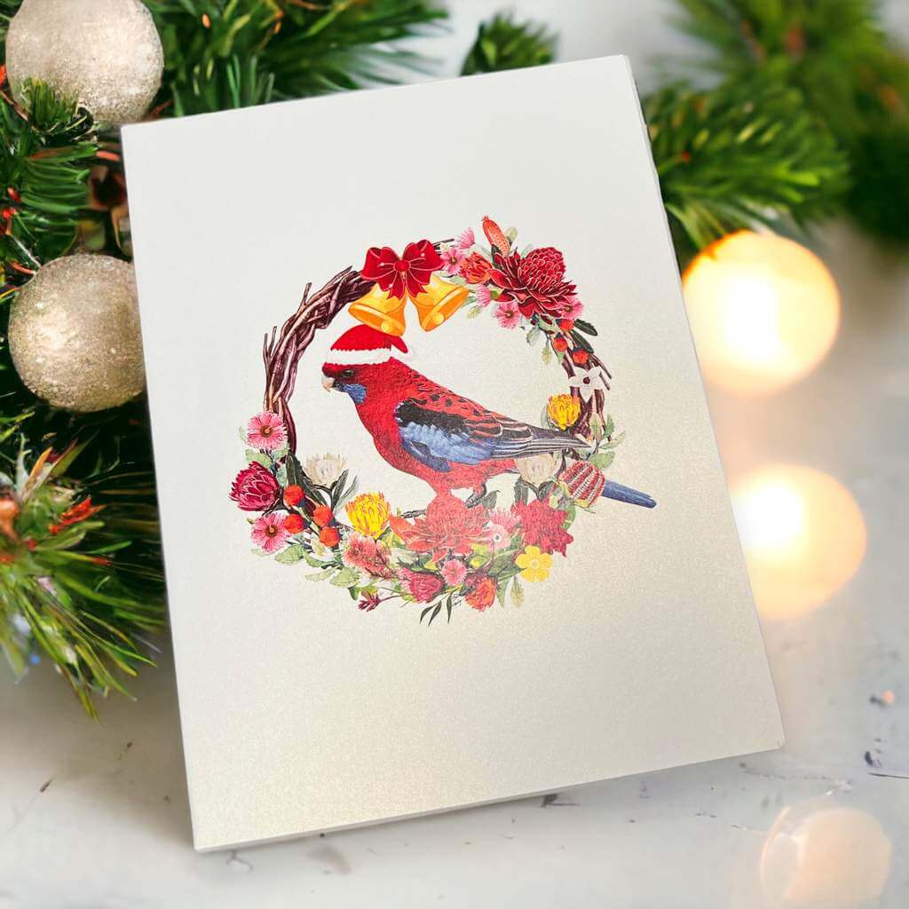 Australian Crimson Rosella in Native Flower Wreath 3d Pop up christmas greeting Card