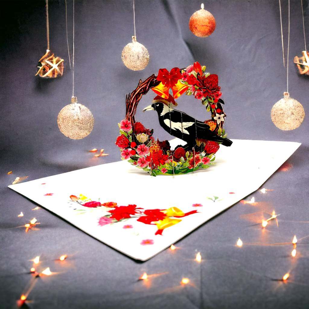 Australian Magpie in Native Flower Wreath 3d Pop up christmas greeting Card