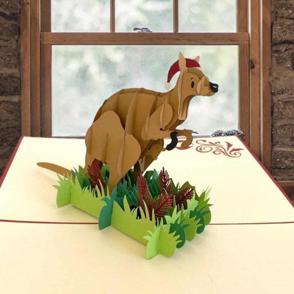 Handmade 3D Christmas Kangaroo Pop Up Card - Australian Native Animal Pop Up Cards