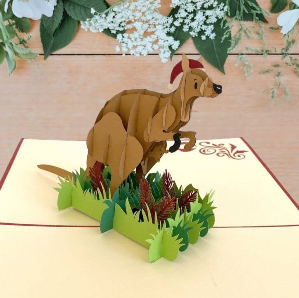 Handmade 3D Christmas Kangaroo Pop Up Card - Australian Native Animal Pop Up Cards