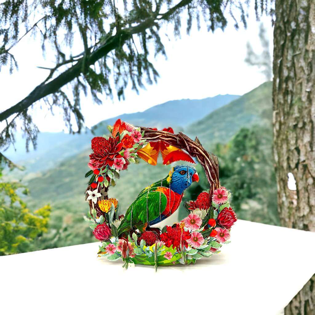 Rainbow Lorikeet in Native Flower Wreath 3d Pop up christmas greeting Card