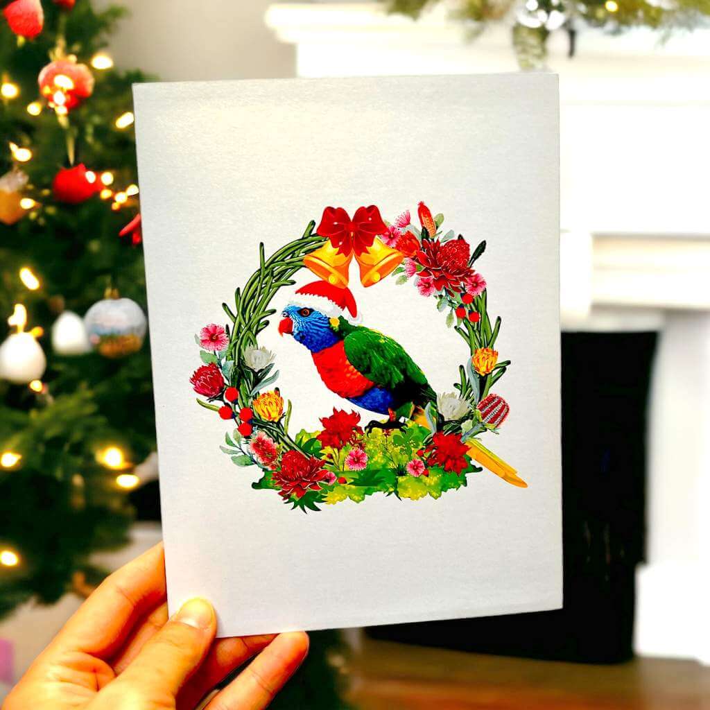 Rainbow Lorikeet in Native Flower Wreath 3d Pop up  christmas greeting Card