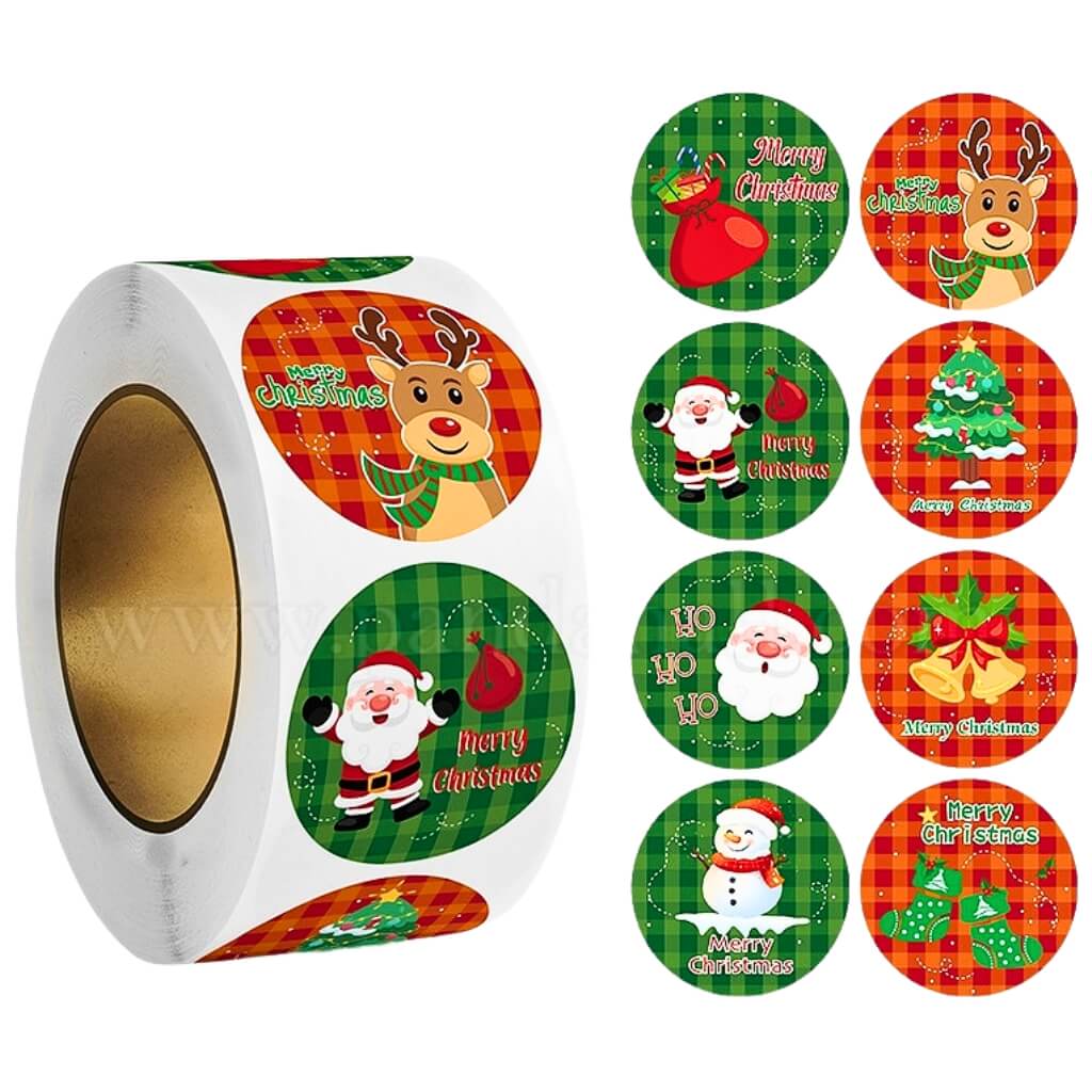 2.5cm Traditional Gingham Christmas Paper Round Stickers 50pk