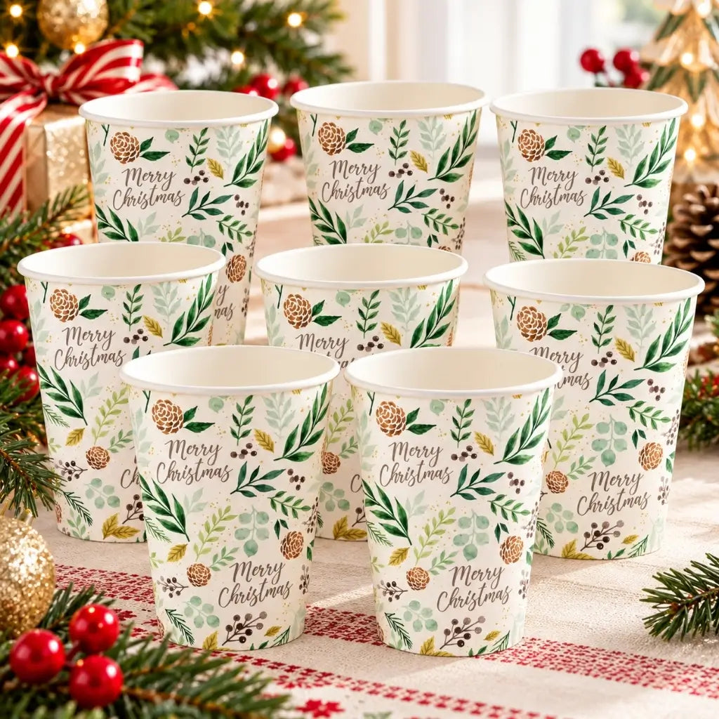 Pack of eight 270ml botanical Christmas paper cups