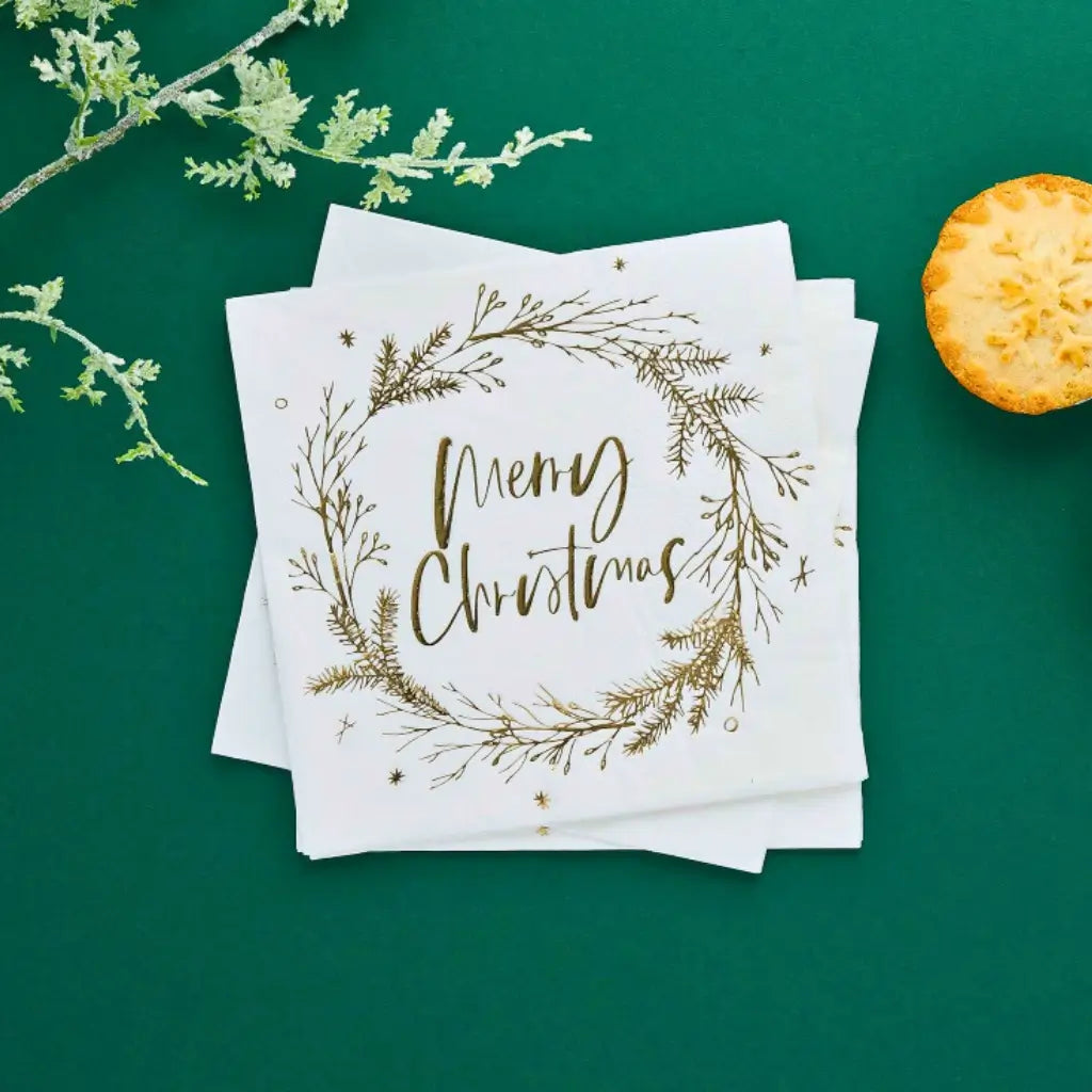 Holly Jolly Christmas Wreath ‘Merry Christmas’ gold foil lunch napkins 16 pack white and gold festive design