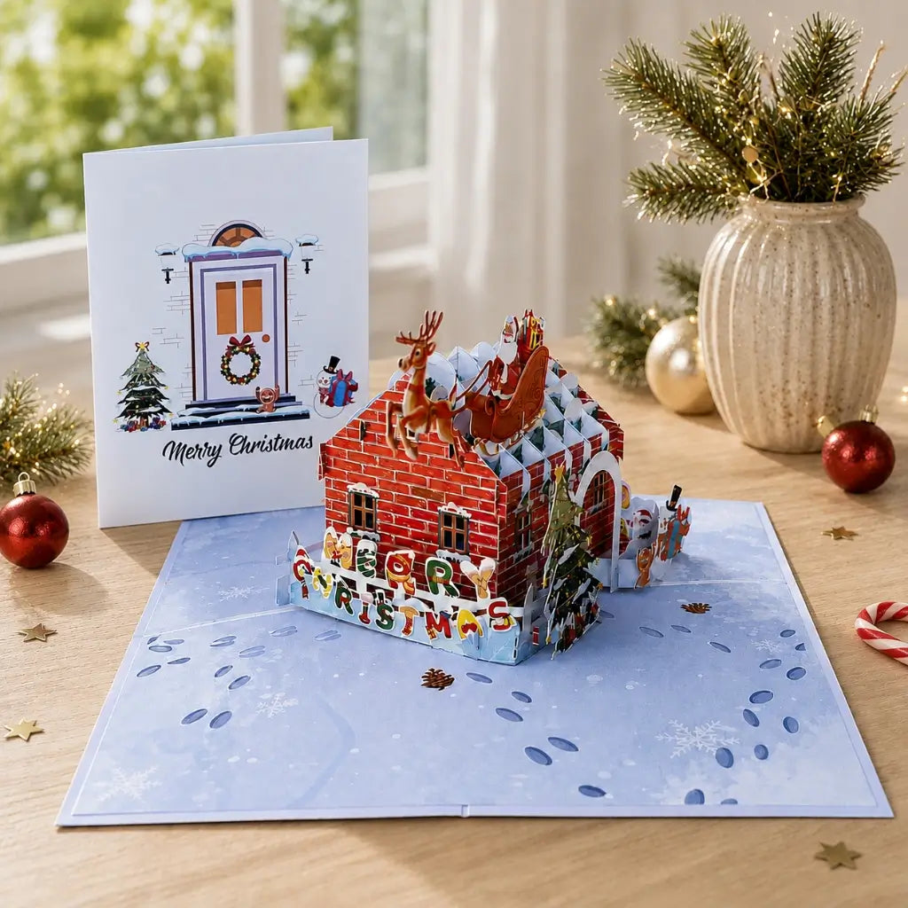 Merry Christmas Brick House 3D Pop Up Greeting Card