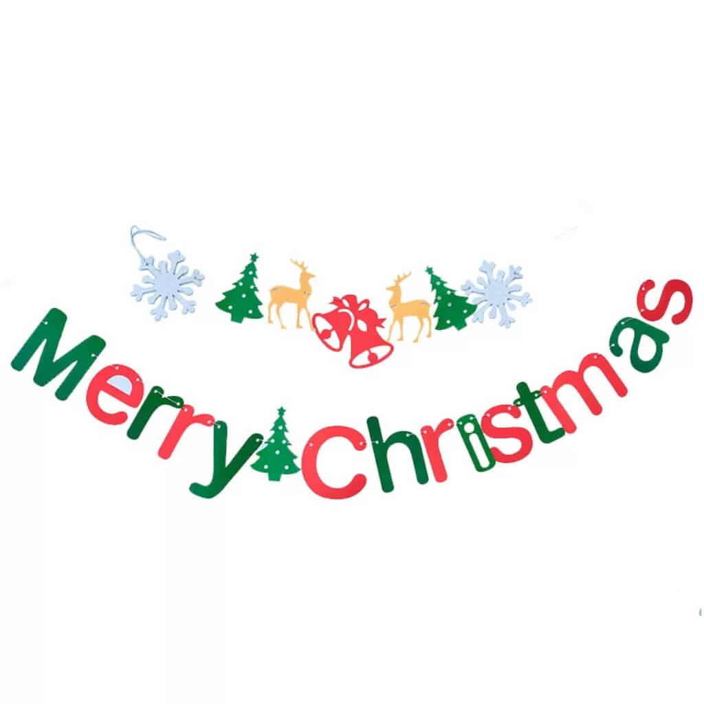 Merry Christmas paper banner with reindeer, bells, and Christmas trees hanging across wall decor