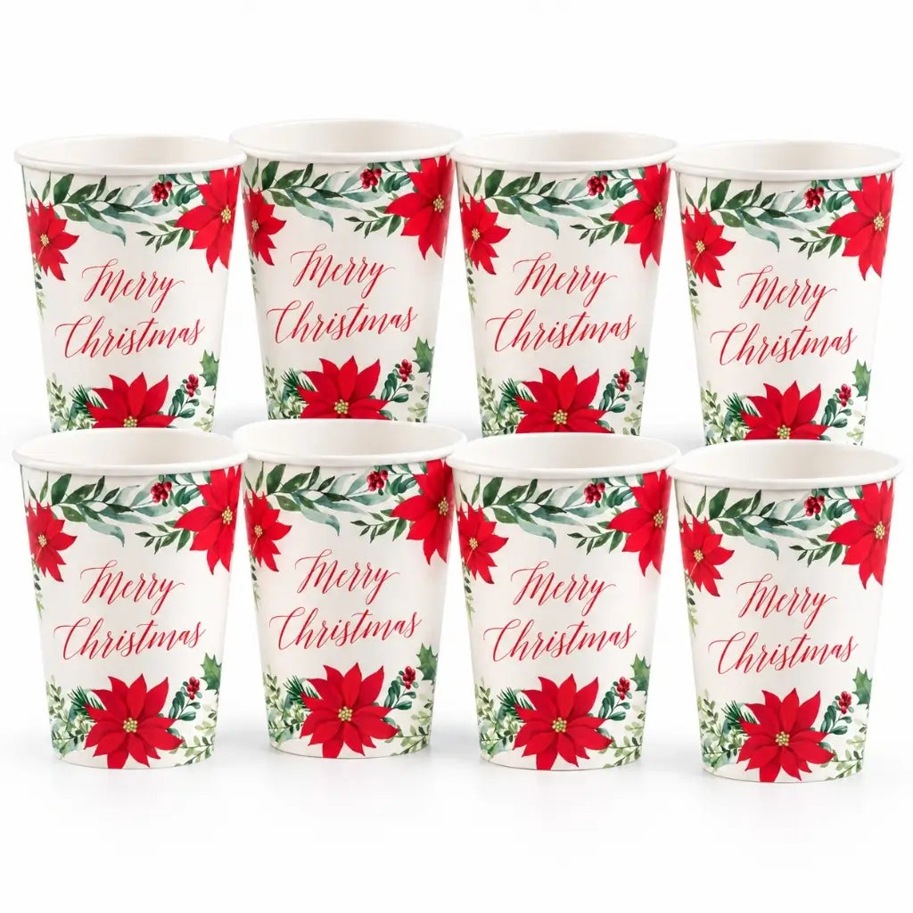 Red floral Christmas party cup with holly and berries