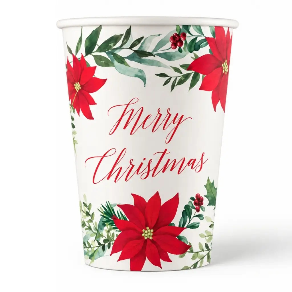 Red floral Christmas party cup with holly and berries