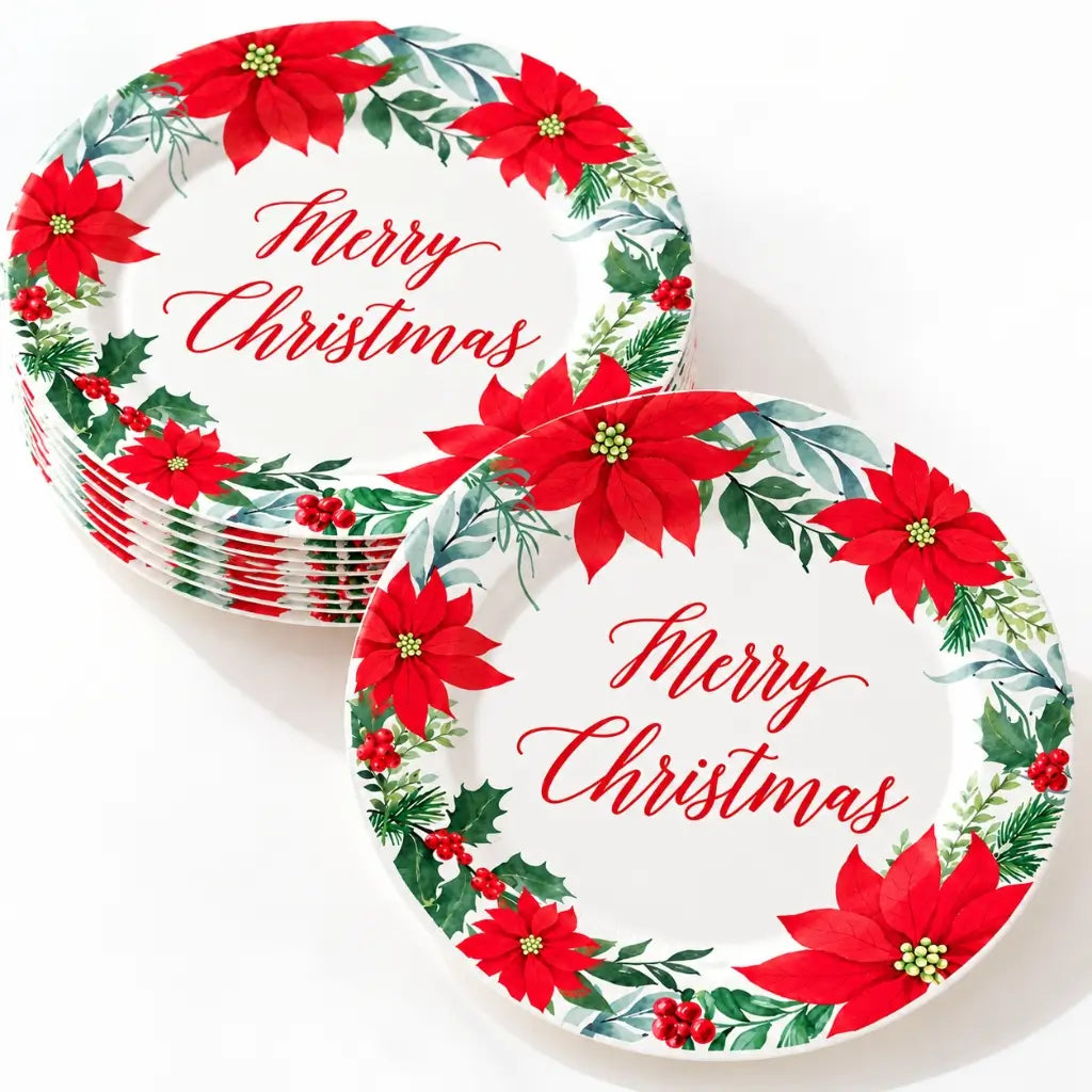Merry Christmas poinsettia paper plate with a festive foliage border