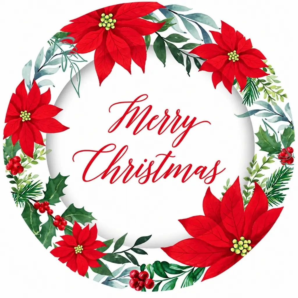 Merry Christmas poinsettia paper plate with a festive foliage border