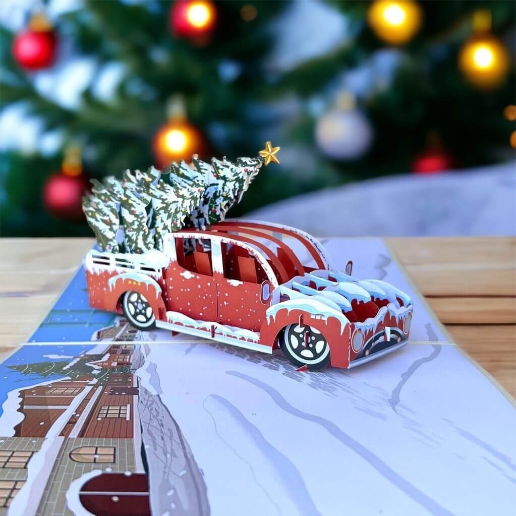 Merry Christmas Red Ute Carrying Xmas Tree 3D Pop Up Greeting Card