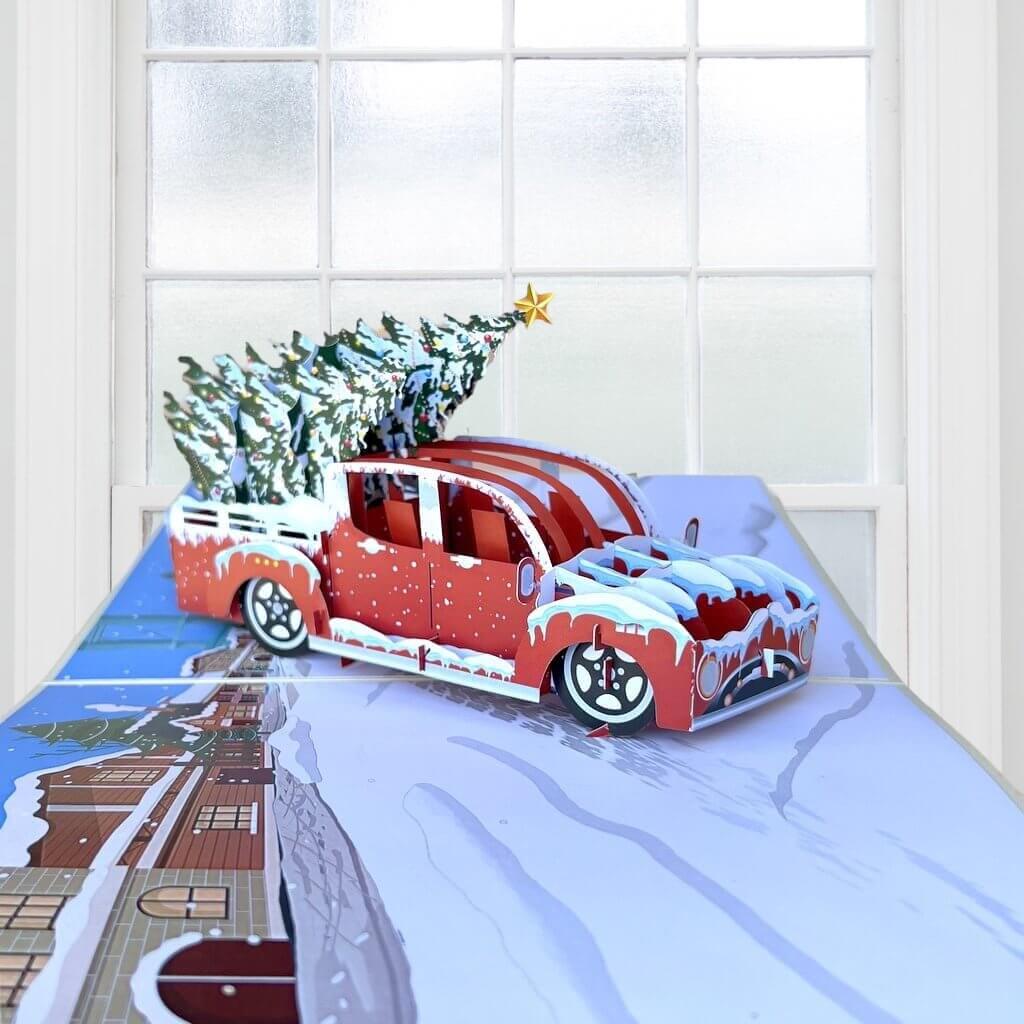 Merry Christmas Red Ute Carrying Xmas Tree 3D Pop Up Greeting Card