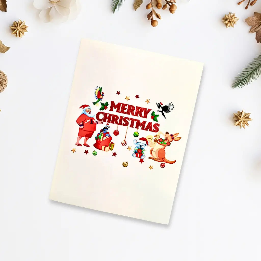 3D pop-up Christmas card with Santa and Aussie animals