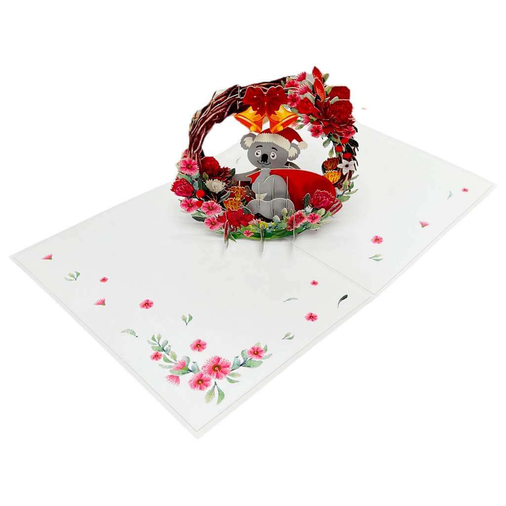 Christmas Koala in Red Native Flower Wreath Pop Card