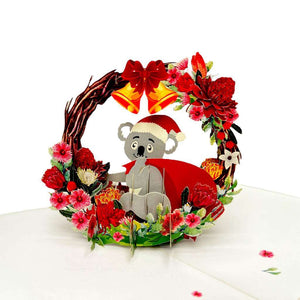Christmas Koala in Red Native Flower Wreath Pop Card