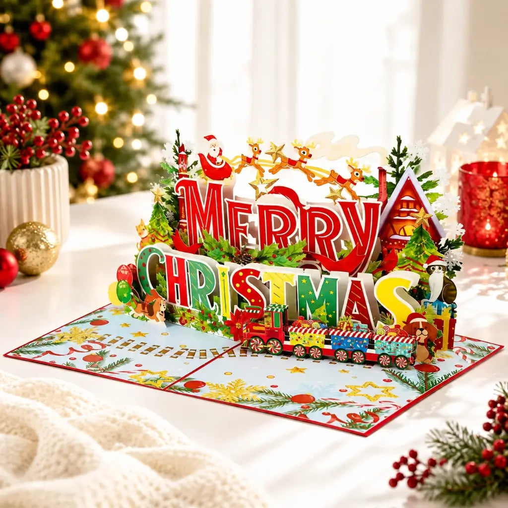 Santa Claus Flying with His Reindeers 3D Card