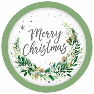 Merry Christmas wreath paper plate with sage-green border