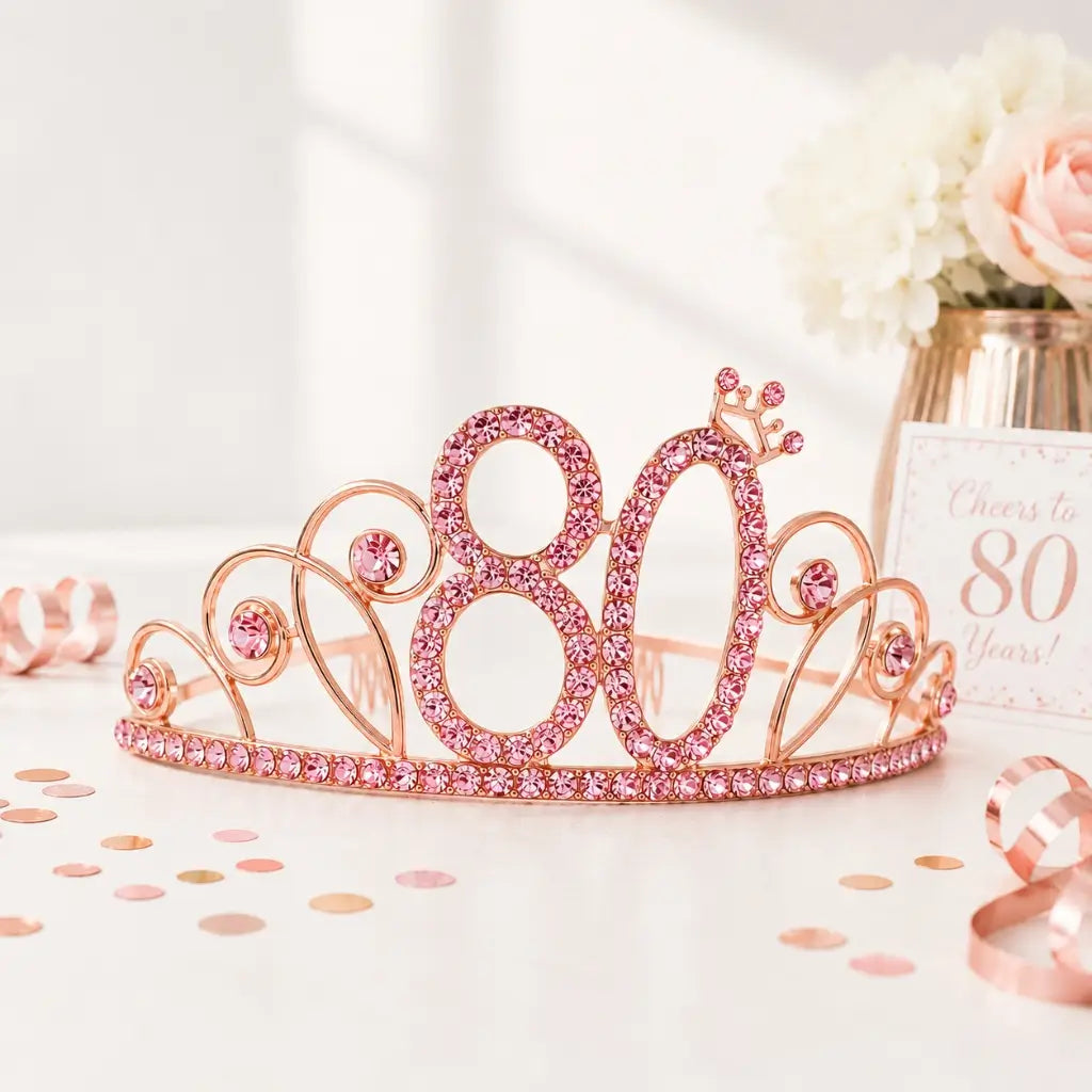 Rose Gold Metal Rhinestone Age 80 Birthday Tiara with Crown