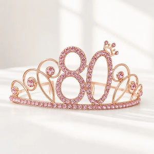 Rose Gold Metal Rhinestone Age 80 Birthday Tiara with Crown