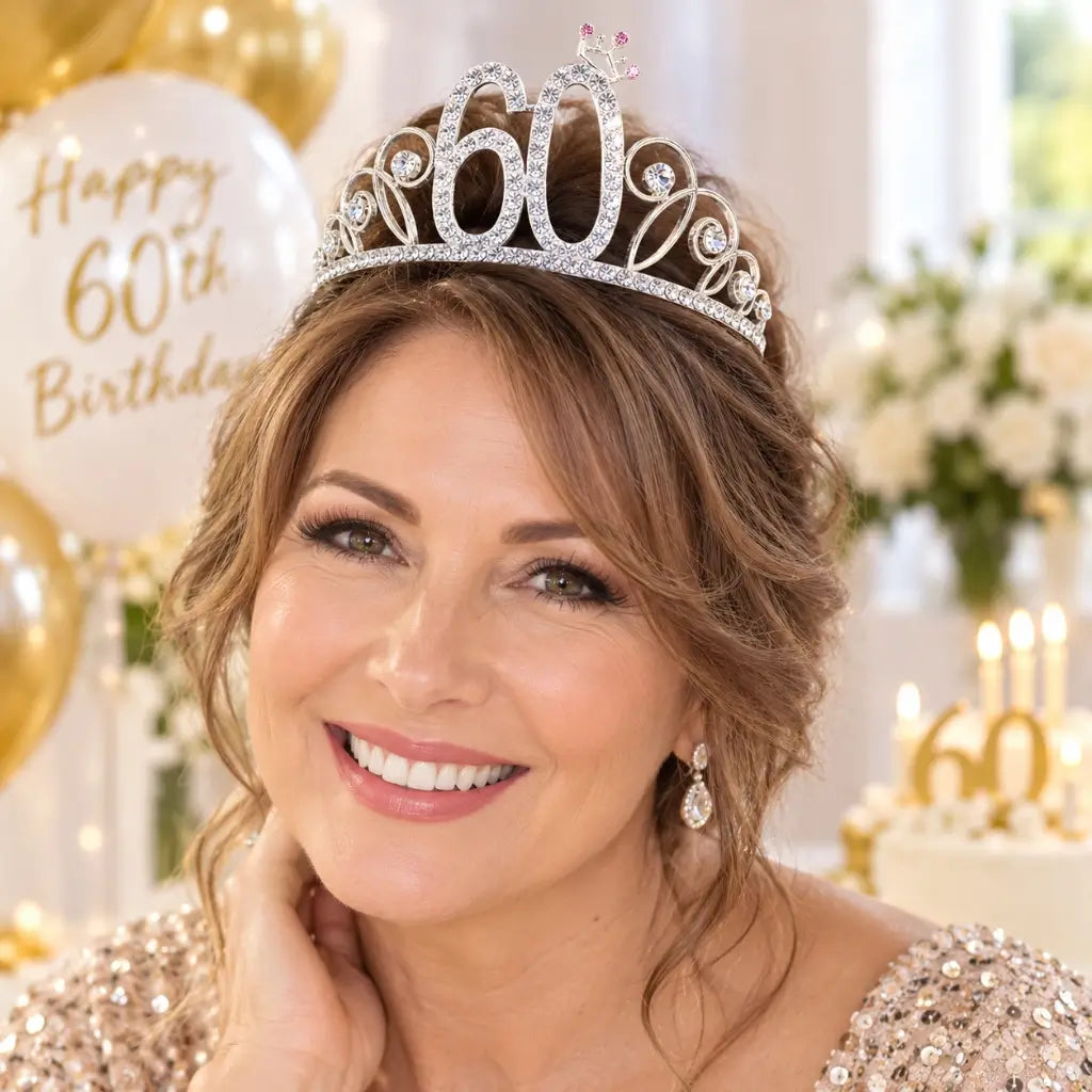 Silver Metal Rhinestone 60 with a Little Crown Birthday Tiara