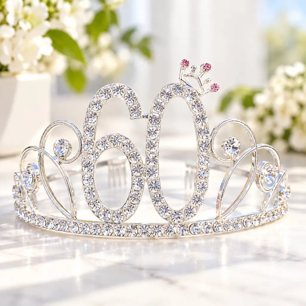 Silver Metal Rhinestone 60 with a Little Crown Birthday Tiara